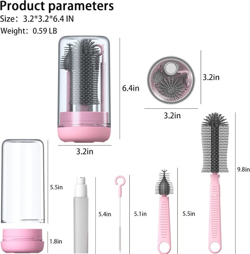 Augensterm 6-in-1 Travel Bottle Cleaner Kit - Silicone Baby Bottle Brush Set with Drying Rack, Straw Brush, Soap Dispenser, and More in Light Pink - Image 5
